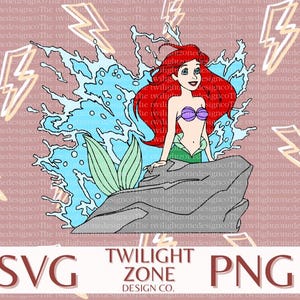 May include: A digital illustration of Ariel, the Little Mermaid, emerging from the water. She is sitting on a rock with her tail and a splash of water behind her. The background is a pink and yellow pattern.