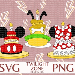 May include: Three birthday cake designs featuring Mickey Mouse, Minnie Mouse, and Pluto. Each cake is decorated with a single candle and a character-specific design. The cakes are on a white background with a pink and yellow lightning bolt pattern.