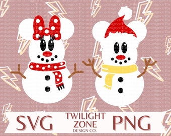 May include: Two snowman SVG cut files, one with a red bow and the other with a red Santa hat. Both snowmen have black eyes, a red nose, and a black mouth. The snowman with the bow has a red and white polka dot scarf. The snowman with the Santa hat has a yellow scarf. The background is a pink and yellow pattern of lightning bolts.
