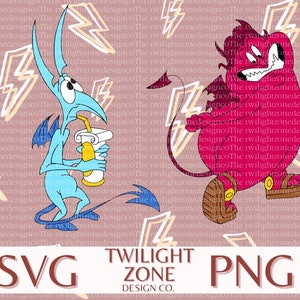 Op de afbeelding: Een digitale illustratie van twee cartoonfiguren. Een personage is blauw met een lange, puntige staart en houdt een beker vast met een rietje. Het andere personage is rood met een lange, puntige staart en loopt. De achtergrond is een roze patroon van bliksemschichten.