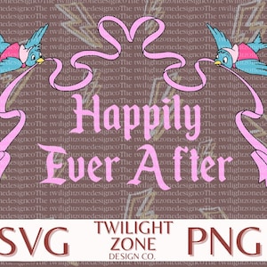 Puede incluir: Pájaros rosas y azules con cintas rosas que dicen "Happily Ever After" en una fuente rosa. El fondo es un patrón marrón con las palabras "Twilight Zone Design Co.", "SVG" y "PNG" en la parte inferior.