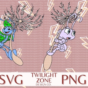 May include: Two cartoon bugs, one blue and one purple, are holding onto dandelion stems. The blue bug is wearing a green shirt and has a happy expression. The purple bug has a surprised expression. The background is a pink pattern of lightning bolts.