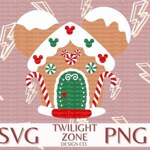 May include: A gingerbread house with white frosting and red and white candy canes. The house has a Mickey Mouse head on each side and a green and red candy cane design on the front. The background is a pink pattern with lightning bolts.