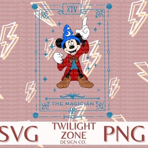 May include: A digital illustration of Mickey Mouse dressed as a magician. He is wearing a red and blue robe, a pointed hat with a star and a crescent moon, and white gloves. The background is a pink pattern of lightning bolts.
