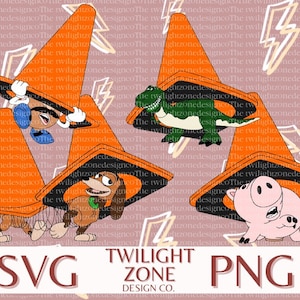May include: A digital illustration of four characters from the Toy Story franchise wearing orange traffic cones. The characters are Woody, Buzz Lightyear, Rex, and Hamm. The background is a pink pattern with lightning bolts.