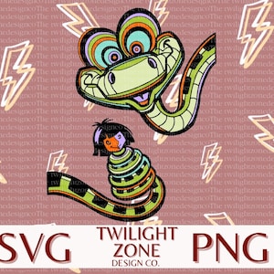 May include: A green and black cartoon snake with a large, toothy grin, coiled around a smaller, green and black cartoon person with a brown ponytail. The background is a pink pattern of lightning bolts.