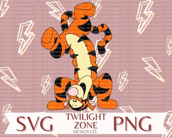 May include: A cartoon illustration of a tiger in an orange and black striped pattern standing on its head with its paws in the air. The background is a light pink with a repeating pattern of yellow lightning bolts.