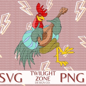 Puede incluir: Un gallo de dibujos animados con una camisa azul y blanca toca un laúd. El gallo tiene una cresta y una papada rojas. El fondo es un patrón rosa de rayos.