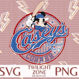 May include: A baseball-themed design featuring a cartoon character in a baseball uniform holding a bat. The design includes the text "Casey's Corner" and "Main Street Est. 95" in a circular emblem. The background is a pinkish color with lightning bolt graphics.