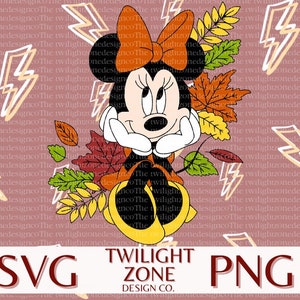 May include: A cartoon image of a red-bowed, black-and-white mouse with a red dress and yellow shoes. The mouse is surrounded by autumn leaves in shades of red, orange, and yellow. The background is a pink pattern of lightning bolts.