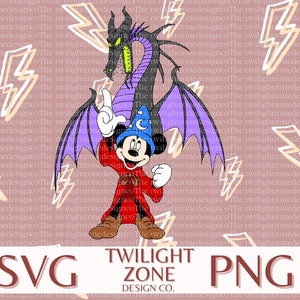 May include: Mickey Mouse dressed as a wizard with a purple and black dragon behind him. The background is a pink pattern of lightning bolts.