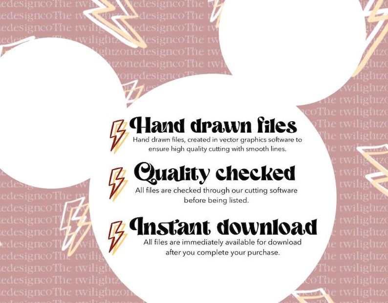 May include: A pink background with white lightning bolts and text that reads "Hand drawn files", "Quality checked", and "Instant download". The text is in a bold, retro font.