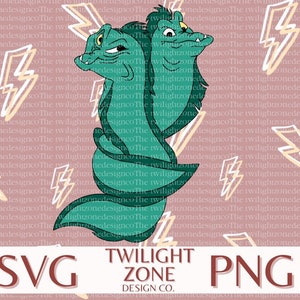 Op de afbeelding: Een groene en blauwe tweekoppige zeeslang met een bliksem patroon achtergrond. De tekst "TWILIGHT ZONE DESIGN CO." staat onderaan de afbeelding.