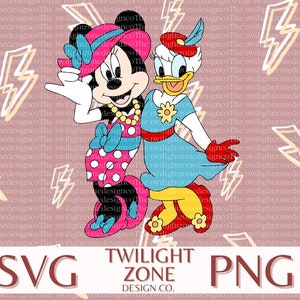 May include: A digital illustration of Mickey Mouse and Daisy Duck dressed in summer outfits. Mickey is wearing a red and white polka dot dress with a pink hat and a gold necklace. Daisy is wearing a blue dress with a yellow flower and a red hat with a blue feather. The background is a pink pattern of yellow lightning bolts.