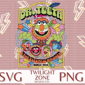 May include: A colorful illustration of Dr. Teeth and the Electric Mayhem, a fictional band from the Muppets. The image features a retro-style design with the band's name and the words "The Electric Mayhem" in a psychedelic font. The band members are depicted in cartoon form, with Dr. Teeth at the center, playing the keyboard.