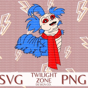 May include: A cartoon illustration of a blue and white creature with a red scarf. The creature has a large head with a wide mouth and large eyes. The background is a pink and white pattern of lightning bolts.