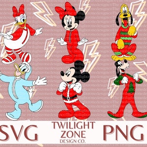 May include: A digital design featuring six cartoon characters wearing red and green pajamas. The characters include Mickey Mouse, Minnie Mouse, Donald Duck, Daisy Duck, Goofy, and Pluto. The background is a pink and yellow pattern of lightning bolts.