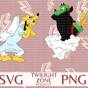 May include: A cartoon dog with a halo and angel wings is standing on a pink background with lightning bolts. The dog is wearing a light blue robe and has a worried expression on its face. To the right of the dog is a cartoon devil with a pitchfork, standing on a cloud. The text "TWILIGHT ZONE DESIGN CO." is at the bottom of the image.