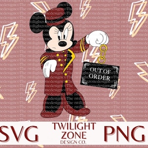May include: A cartoon illustration of Mickey Mouse dressed as a hotel bellhop, holding a sign that reads "Out of Order". The background is a pink pattern of lightning bolts.