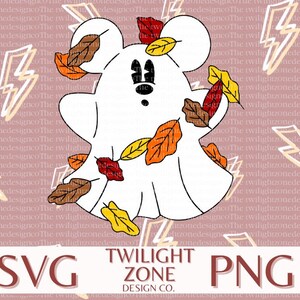 May include: A white ghost with Mickey Mouse ears is surrounded by colorful autumn leaves. The ghost is smiling and has a friendly expression. The background is a pink pattern with lightning bolts.