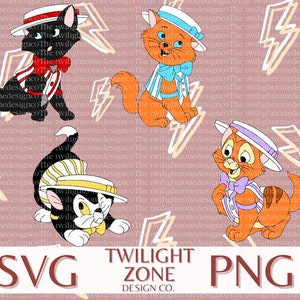 Puede incluir: Cuatro ilustraciones de gatos de dibujos animados en varias poses, cada uno con sombrero y atuendo. Los gatos son negros, naranjas y canela, con el texto "SVG" y "PNG" en la parte inferior, junto con "TWILIGHT ZONE DESIGN CO."