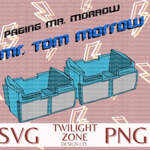 Könnte beinhalten: Eine blaue und graue Illustration eines Vintage-Fernsehers mit dem Text "Paging Mr. Morrow Mr. Tom Morrow" auf einem rosa Hintergrund mit gelben Blitzen.