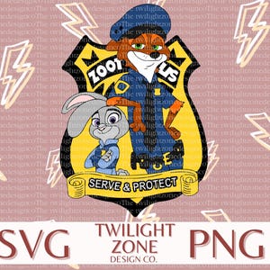 May include: A digital graphic featuring characters from Zootopia. The image includes Nick Wilde in a police uniform and Judy Hopps. The text "Zootopia", "Serve & Protect", "SVG", and "PNG" are also present.