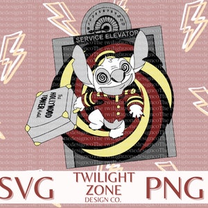 May include: A blue and white cartoon character with a single eye and a red and yellow striped shirt is holding a suitcase with the words "The Hollywood Tower Hotel" on it. The character is standing in front of a service elevator with a yellow and black spiral design. The background is pink with yellow lightning bolts.