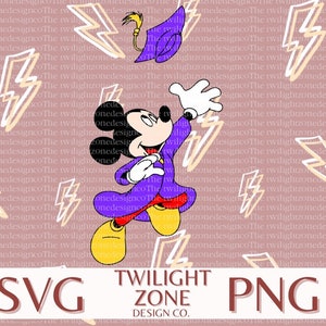 May include: Mickey Mouse wearing a purple graduation robe and a purple graduation cap, holding a graduation cap in his right hand. He is standing on a pink background with white lightning bolts.