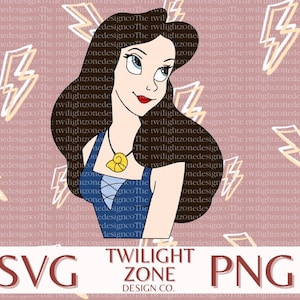 May include: A digital illustration of a cartoon mermaid with long dark hair, wearing a blue and white top with a gold seashell necklace. The background is a pink pattern of white lightning bolts.