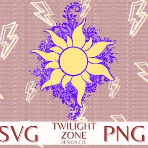 May include: A yellow sun with purple floral details, surrounded by white lightning bolts on a pink background. The text "SVG TWILIGHT ZONE DESIGN CO. PNG" is at the bottom of the image.