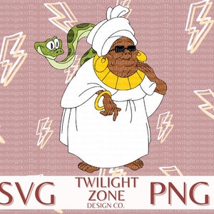 May include: A cartoon illustration of a woman wearing a white dress, a white head wrap, sunglasses, and a gold necklace. She is holding a snake in her right hand. The background is a pink pattern with lightning bolts.