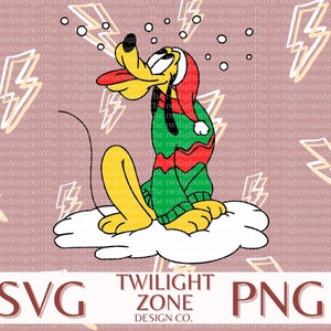 Può includere: Un'illustrazione di cartone animato di Pluto, un cane giallo con grandi orecchie, che indossa un maglione natalizio rosso e verde e un cappello da Babbo Natale. Sta soffiando neve dalla sua bocca e seduto su una nuvola bianca. Lo sfondo è un motivo rosa di fulmini.