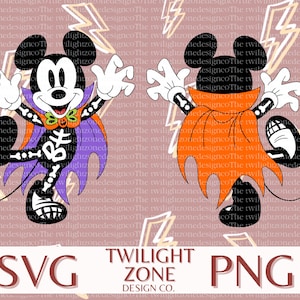 May include: A black and white cartoon Mickey Mouse dressed as a vampire with a purple and orange cape. Mickey Mouse is wearing a skeleton costume and has a pumpkin on his bow tie. The background is a pink and white pattern of lightning bolts.
