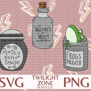 May include: Three black and white jars with labels that read "Deadly Night Shade", "Worm's Wort", and "Frogs Breath". The jars are on a pink background with lightning bolts.