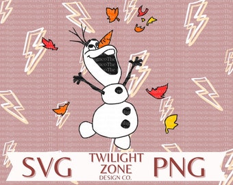Op de afbeelding: Een digitale afbeelding van Olaf de sneeuwman met een wortelneus, zwarte kolenknoppen en stokarmen. Kleurrijke bladeren en bliksemflitsen omringen Olaf. De afbeelding bevat de tekst "SVG" en "PNG" met "TWILIGHT ZONE DESIGN CO."