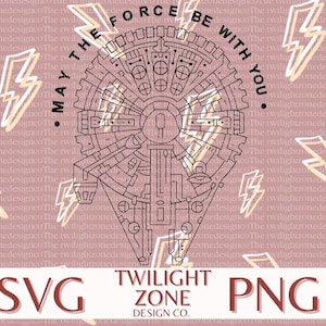 May include: A black and white line art illustration of the Millennium Falcon spaceship from Star Wars. The text "May the Force be with you." is written around the spaceship. The text "SVG Twilight Zone PNG" is written below the spaceship.