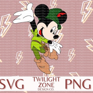 May include: A cartoon illustration of Mickey Mouse dressed as Peter Pan, with a green shirt, brown shoes, and a red hat. The background is a pink pattern of lightning bolts.
