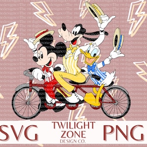 May include: Mickey Mouse, Goofy, and Donald Duck ride a red tandem bicycle against a pink background with yellow lightning bolts.  The characters are wearing hats and bow ties.  The text "SVG TWILIGHT ZONE DESIGN CO. PNG" is at the bottom of the image.