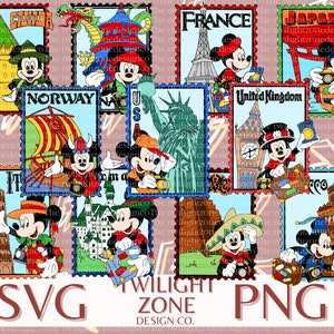 Op de afbeelding: Een digitale collage van Mickey Mouse-postzegels met verschillende bezienswaardigheden van over de hele wereld. Elke postzegel toont een ander land en een ander monument, waaronder de Eiffeltoren, het Vrijheidsbeeld en de Scheve Toren van Pisa. De postzegels zijn allemaal in cartoon-stijl en tonen Mickey Mouse in verschillende outfits.