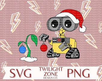 May include: A yellow robot wearing a red Santa hat holds a red ornament in its hand. The robot is standing next to a small green plant with a blue ornament hanging from it. The background is a pink and white pattern of lightning bolts.