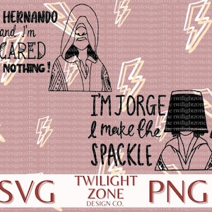 Puede incluir: Ilustración en blanco y negro de dos personajes de The Twilight Zone. El primer personaje es un hombre con una capucha y el texto "¡Soy Hernando y no le tengo miedo a nada!" El segundo personaje es un hombre con un cubo en la cabeza y el texto "Soy Jorge, yo hago el spackle".
