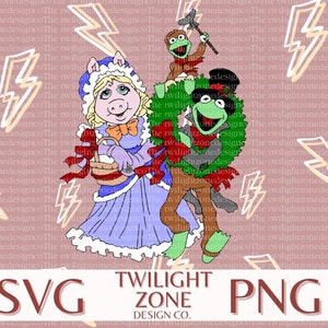 May include: A Christmas-themed illustration featuring Miss Piggy wearing a blue dress and a red bow, holding a basket of white objects.  She is standing next to a green Muppet character wearing a black top hat and a red scarf, holding a wreath of green leaves and red berries.  A brown Muppet character wearing a red hat is perched on top of the wreath, holding a hammer.
