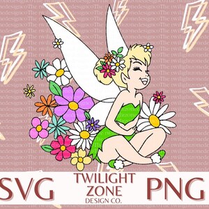May include: A cartoon illustration of Tinkerbell, a fairy with blonde hair and a green dress, sitting with a bouquet of colorful flowers. The background is a pink and white pattern with lightning bolts.