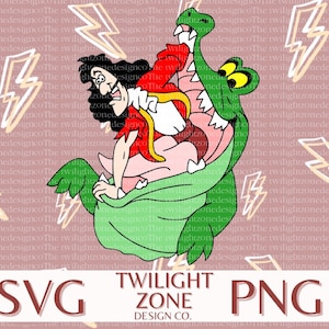 May include: A cartoon illustration of Captain Hook riding a green crocodile with an open mouth. The crocodile has yellow eyes and a pink tongue. The background is a pink pattern of lightning bolts.