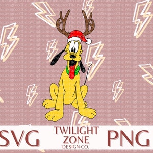May include: A cartoon illustration of Pluto the dog wearing a Santa hat and reindeer antlers. The background is a repeating pattern of lightning bolts and the text "SVG" and "PNG".