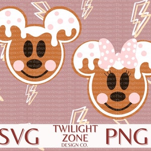 May include: Two gingerbread cookie designs of a cartoon mouse with white icing and pink accents. The first design has a simple smile and the second design has a bow on top of its head. The text "SVG TWILIGHT ZONE PNG DESIGN CO." is at the bottom of the image.