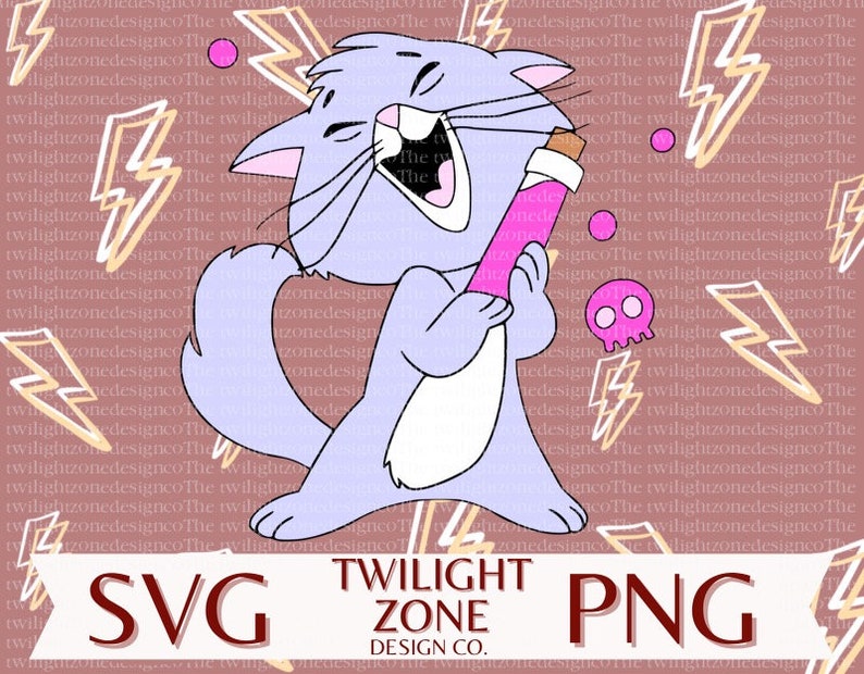 Pode incluir: Um gato de desenho animado roxo com uma varinha listrada rosa e branca, rindo de boca aberta. O fundo &eacute; um padr&atilde;o rosa e amarelo de raios. O texto "TWILIGHT ZONE DESIGN CO." est&aacute; na parte inferior da imagem.