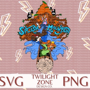 Puede incluir: Una ilustración colorida de una escena de dibujos animados con el texto "Splash Mountain" en una fuente azul, verde y amarilla. La escena presenta un tronco, agua y animales de dibujos animados. El fondo es un patrón rosa con rayos.