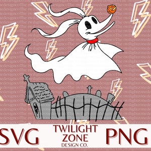 Op de afbeelding: Een digitale afbeelding van Zero uit The Nightmare Before Christmas, met een pompoen. Het ontwerp bevat een kerkhofscène en bliksemflitsen op een roze achtergrond. Tekst bevat "SVG" en "PNG".